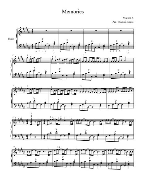 Piano Sheet – Memories (Arr. Thomas Jancso) – Maroon 5 (Easy Piano)