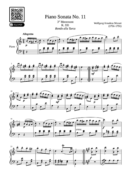 Piano Sonata No. 11 K. 331 3rd Movement, “Rondo alla Turca”