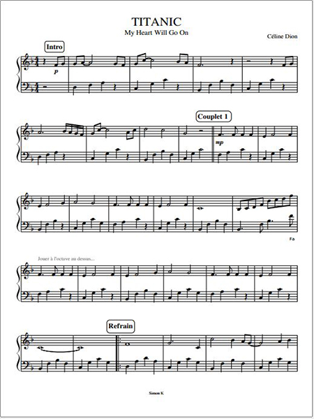 Easy Partition Piano Titanic – My Heart Will Go on